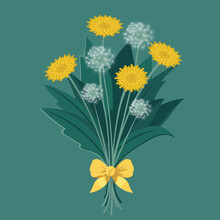 Bunch Of Dandelion Floral Tied With Yellow Bow Ribbon On Teal Green Background.