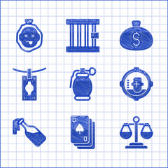 Sticker - Set Hand grenade, Playing cards, Scales of justice, Headshot, Cocktail molotov, Money laundering, bag and Murder icon. Vector