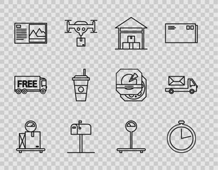 Sticker - Set line Scale with cardboard box, Stopwatch, Warehouse, Open mail, Postcard, Coffee cup, and truck icon. Vector