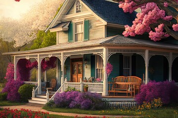 Wall Mural - farmhouse with wrap-around porch and rocking chairs, surrounded by colorful blooming flowers, created with generative ai