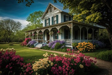 Wall Mural - farmhouse with wrap-around porch and rocking chairs, surrounded by colorful blooming flowers, created with generative ai