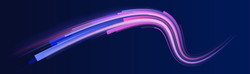 Poster - Abstract green blue wave light effect in perspective vector illustration. Magic luminous azure glow design element on dark background