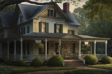 Canvas Print - farmhouse with wraparound porch, welcoming guests to step inside, created with generative ai