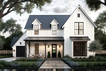 Wall Mural - modern farmhouse with sleek exterior and contemporary accents, created with generative ai