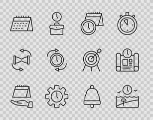 Wall Mural - Set line Calendar, Vacation time, and clock, Time Management, Clock with arrow, Ringing bell and Project plan icon. Vector