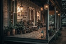 Rustic Farmhouse With Wooden Porch, Rocking Chairs, And Hanging Lanterns, Created With Generative Ai