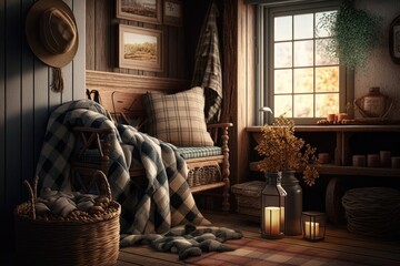 Canvas Print - warm and cozy interior with plaid blankets, woven baskets, and rustic furniture, created with generative ai