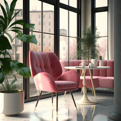 Wall Mural - Cozy modern living room interior with pink armchair and decoration room big window in the background, Generative AI
