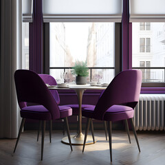 Wall Mural - Cozy modern living room interior with purple armchair and decoration room big window in the background, Generative AI
