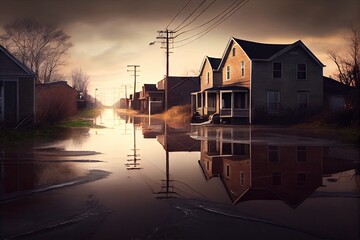 Wall Mural - flood consequences dangerous socio-economic disaster in suburbs at dawn, created with generative ai