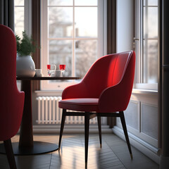 Wall Mural - Cozy modern living room interior with red armchair and decoration room big window in the background, Generative AI
