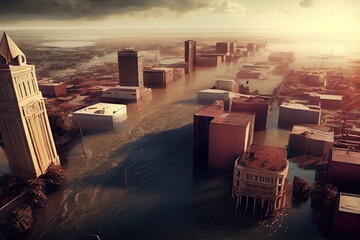 Wall Mural - flood consequences and disasters in form of high water level covering city, created with generative ai