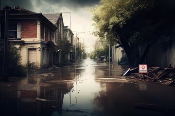 Wall Mural - empty street with debris after heavy rain and flood consequences, created with generative ai