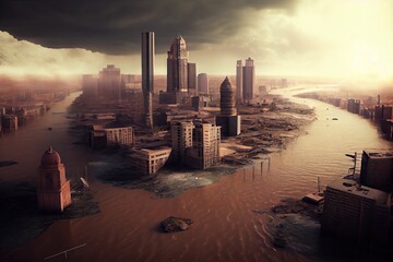 Wall Mural - flood consequences and disasters in form of high water level covering city, created with generative ai