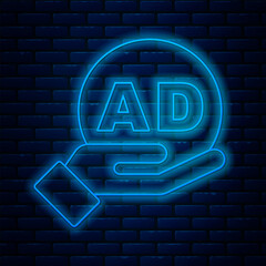 Sticker - Glowing neon line Advertising icon isolated on brick wall background. Concept of marketing and promotion process. Responsive ads. Social media advertising. Vector