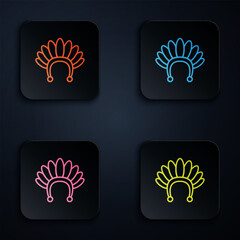 Sticker - Color neon line Indian headdress with feathers icon isolated on black background. Native american traditional headdress. Set icons in square buttons. Vector