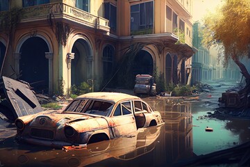 Wall Mural - ruins of flooded city streets with broken cars and ruined houses flood consequences, created with generative ai