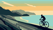 Man Cylcing Between The Mountains And The Beach. Healthy Activity. Bike Trip. Ecological Transportation. Vector Art Of Biker Traveling. Sport Athlete Competing. Hipster Lifestyle Vacation. Pedal Racer