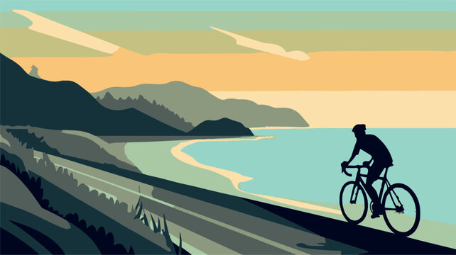 Wall Mural -  - Man cylcing between the mountains and the beach. Healthy activity. Bike trip. Ecological transportation. Vector art of biker traveling. Sport athlete competing. Hipster lifestyle vacation. Pedal racer