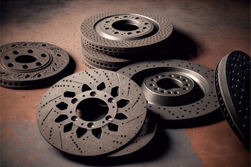 Sticker - Set of brake discs for replacement in car lies on floor, created with generative ai