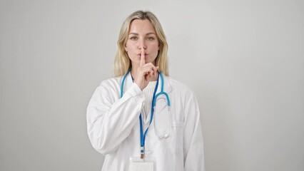 Sticker - Young blonde woman doctor asking for silent over isolated white background