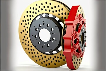 Sticker - Set of new high-quality brake discs with red linings and pads, created with generative ai