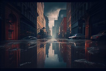 Poster - empty city streets flooded after heavy rain in result of flood consequences, created with generative ai