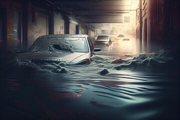 Poster - flooding streets of cars engulfed in water with flood consequences, created with generative ai