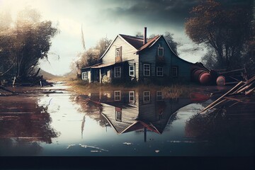 Poster - floodwaters have engulfed territory of village and have filled yard of house with flood consequences, created with generative ai