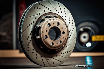 Sticker - Brake discs with linings and pads are in workshop for repair, created with generative ai