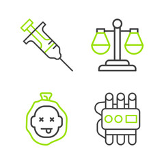 Sticker - Set line Dynamite and timer clock, Murder, Scales of justice and Syringe icon. Vector