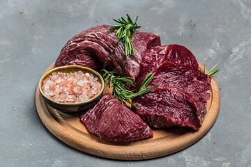 Wall Mural - Beef Tenderloin fillet with rosemary and spices. Preparing fresh beef steak ready to cook, Long banner format. Restaurant menu, dieting, cookbook recipe. place for text. top view