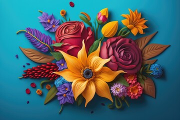 Poster - festive floral bouquet of red roses, yellow gerberas and purple lilies like as candies on blue background, created with generative ai