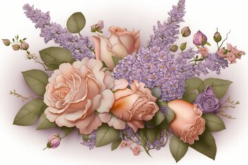 Poster - floral spring bouquet of delicate peach roses and lilac flowers like as candies, created with generative ai