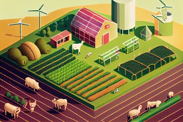 Sticker - food production system, with rows of crops and livestock in a sustainable setting, created with generative ai