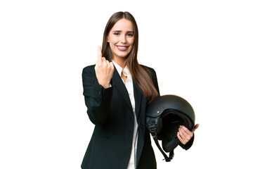 Wall Mural - Young Asian woman with a motorcycle helmet over isolated chroma key background doing coming gesture