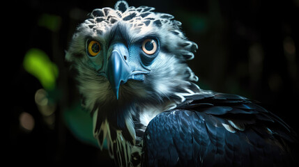 A glowing, ethereal harpy eagle, its eyes focused like black holes, swooping down on prey in a cosmic rainforest - Generative AI