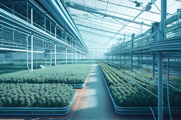 Poster - food production facility, with rows of crops growing in indoor greenhouse, created with generative ai