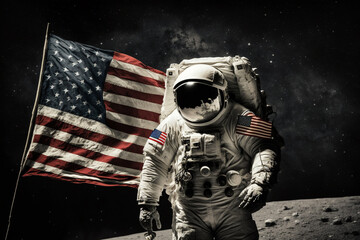 Wall Mural - cosmonaut or astronaut in a spacesuit on the moon surface with the american flag. moon landing usa f