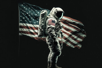 Wall Mural - cosmonaut or astronaut in a spacesuit on the moon surface with the american flag. moon landing usa f