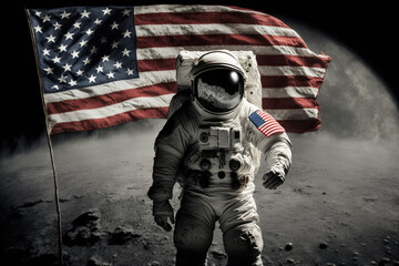 Wall Mural - cosmonaut or astronaut in a spacesuit on the moon surface with the american flag. moon landing usa f