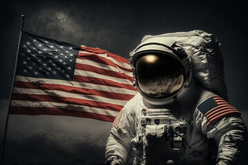 Wall Mural - cosmonaut or astronaut in a spacesuit on the moon surface with the american flag. moon landing usa f
