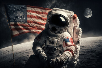 Wall Mural - cosmonaut or astronaut in a spacesuit on the moon surface with the american flag. moon landing usa f