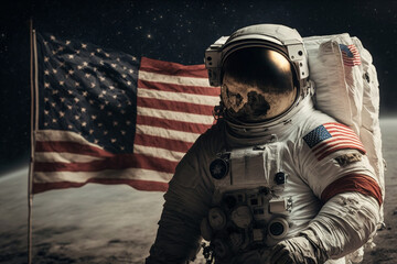 Wall Mural - cosmonaut or astronaut in a spacesuit on the moon surface with the american flag. moon landing usa f