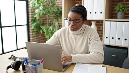 Canvas Print - African american woman business worker tired using laptop working at office