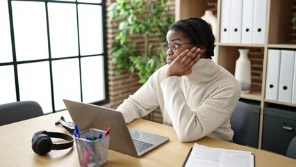 Canvas Print - African american woman business worker tired using laptop working at office