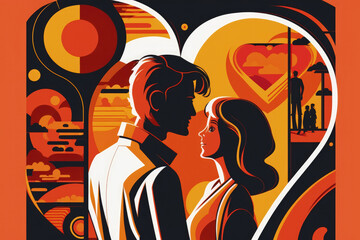 Wall Mural - Flat retro design: Romantic love between people. Lowers in rich colors | Generative AI Production