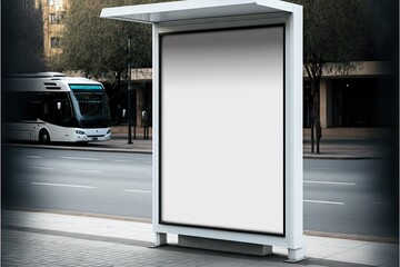 Sticker - White blank billboard mockup with protective visor on edge of sidewalk by road, created with generative ai