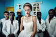Fake marriage for citizenship - a sad young white  european bride in third world African country to marry black refugee men trying to immigrate through fictional fake marriage, generative ai