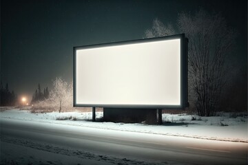 Wall Mural - Illuminated blank billboard mockup along road on winter evening, created with generative ai